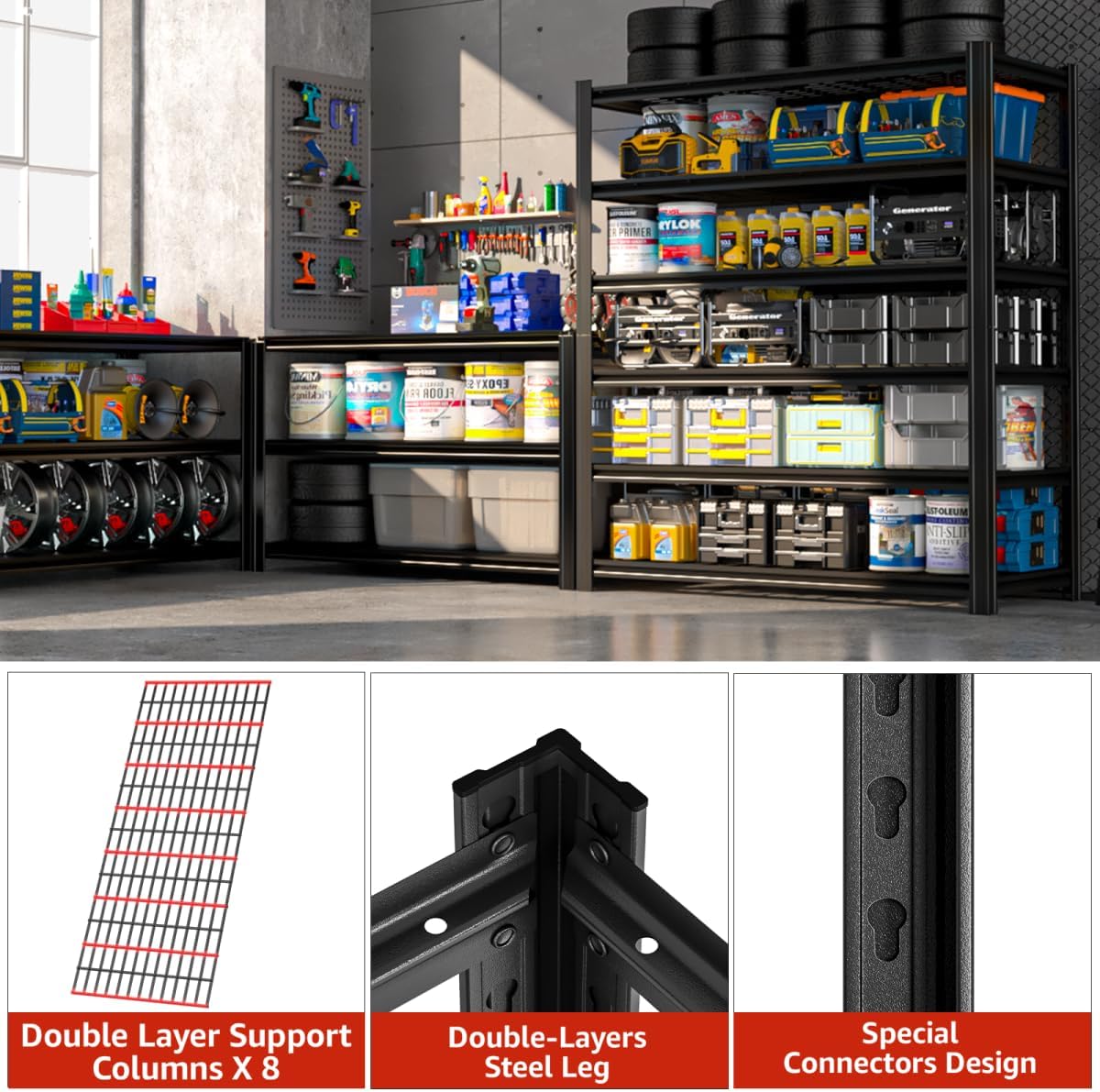 55.12" W 6-Shelf Father&I Industrial Adjustable Heavy-Dudy Tall Metal Steel Garage Storage Shelves Shelving Units/Wire Rack System (Commercial) for Basement/Sho, 84" H*55.12" W*24" D*, Black