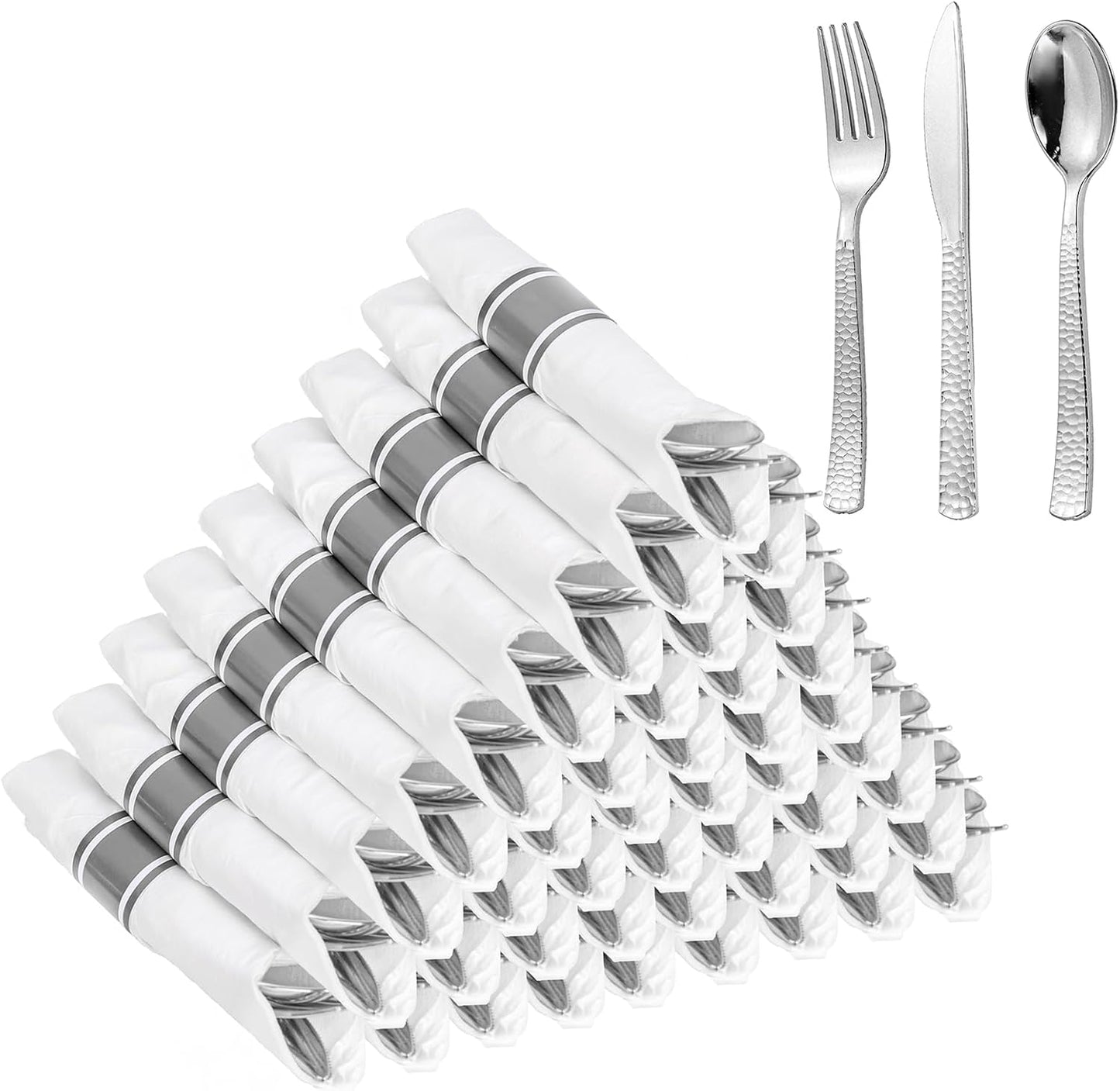 WELLIFE 50 Pack Silver Plastic Silverware with Pre Rolled Napkins,Wrapped Silverware Set Disposable,Includes:50 Forks, 50 Knives, 50 Spoons, 50 Napkins,Utensils Plastic Disposable