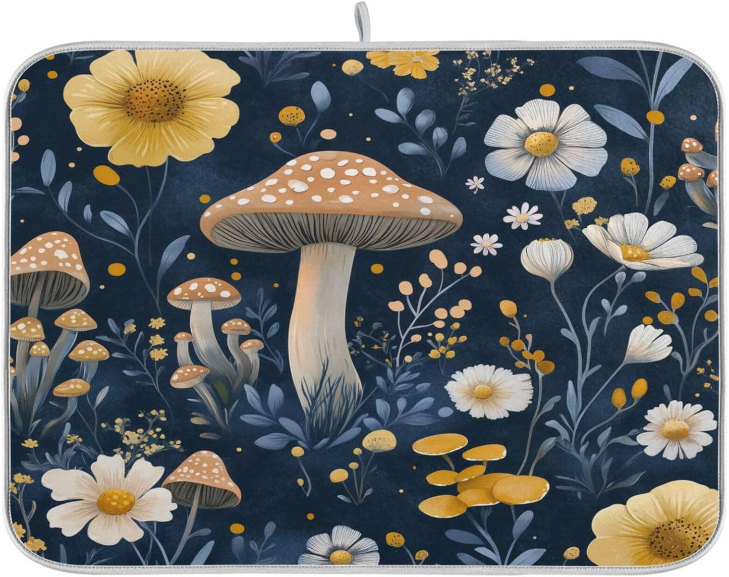 Wildflowers and Mushrooms Dish Drying Mat for Kitchen Counter Super Absorbent Dishes Pad Reversible Microfiber Protector Dish Draining Mats 16x18 inch