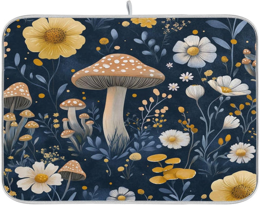 Wildflowers and Mushrooms Dish Drying Mat for Kitchen Counter Super Absorbent Dishes Pad Reversible Microfiber Protector Dish Draining Mats 16x18 inch
