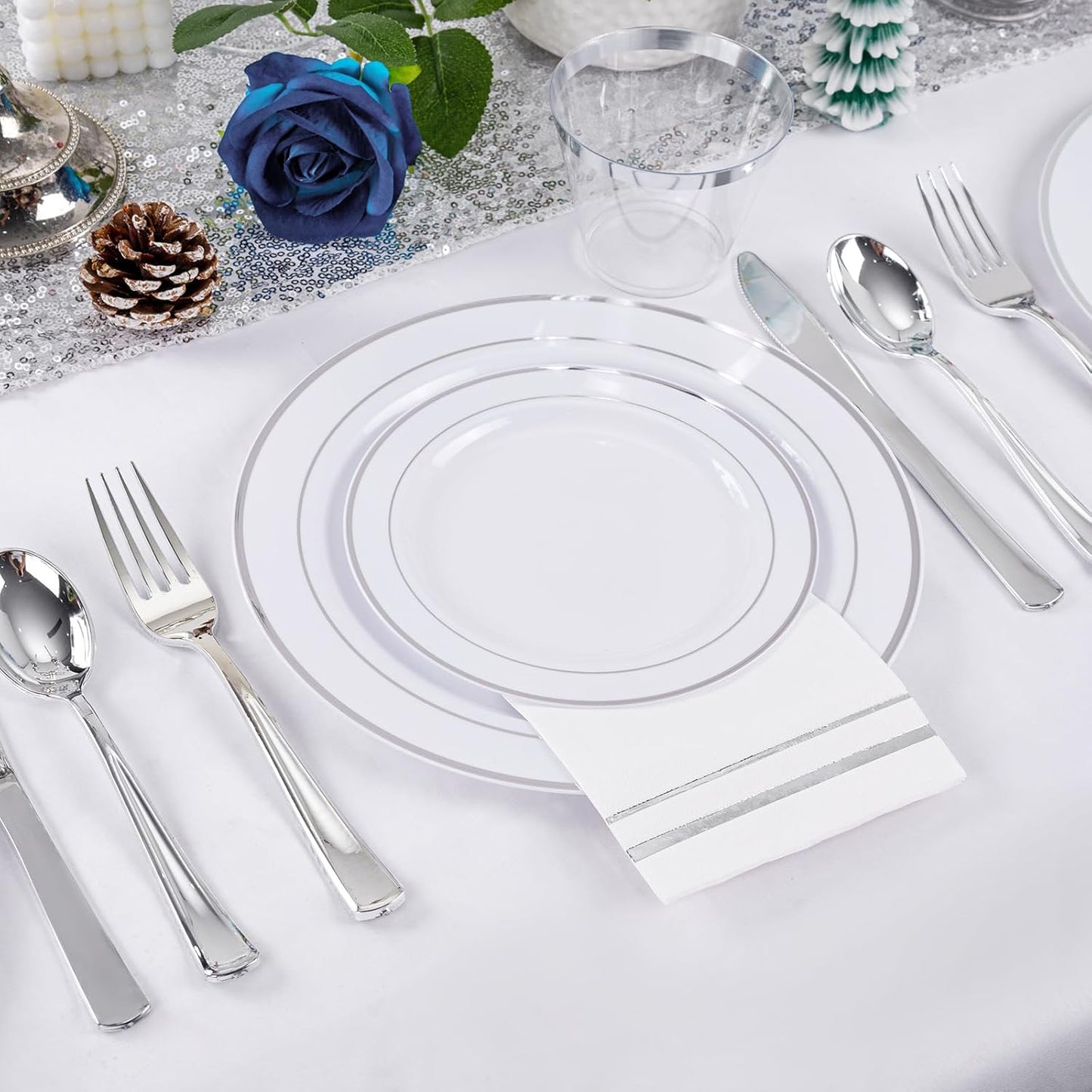 GATHER 700PCS Silver Plastic Plates - Silver Plate Set 100Guest - Disposable Dinnerware Sets 100Silver Rim Dinner Plates 100Silver Dessert Plate 100Paper Napkins&Cups&silver Plastic Silverware Set