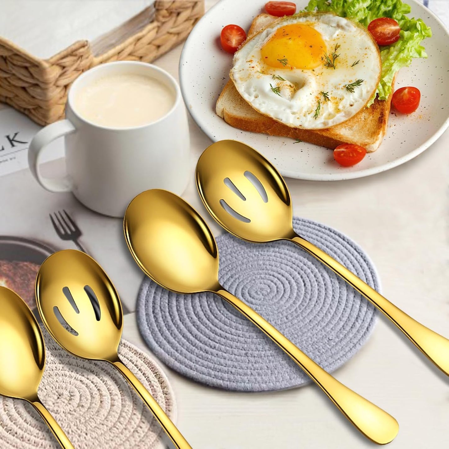 Stainless Steel Serving Spoons Set, 8pc, 10-Inch, Includes 4 Large, 4 Slotted, for Parties/Kitchen/Buffet/Catering, Dishwasher Safe, Gold