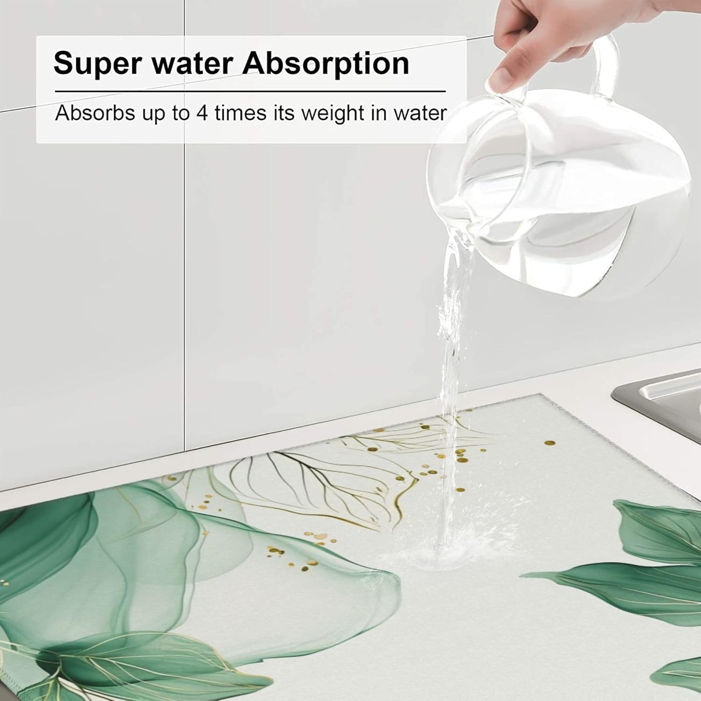 Watercolor Green Palm Leaves Dish Drying Mat 16x18 Inch, Microfiber Absorbent Fast Dry Mat Large Dish Mat Drying Kitchen Mat, Kitchen Drying Pad for Kitchen Counter Coffee Bar Decor Gifts