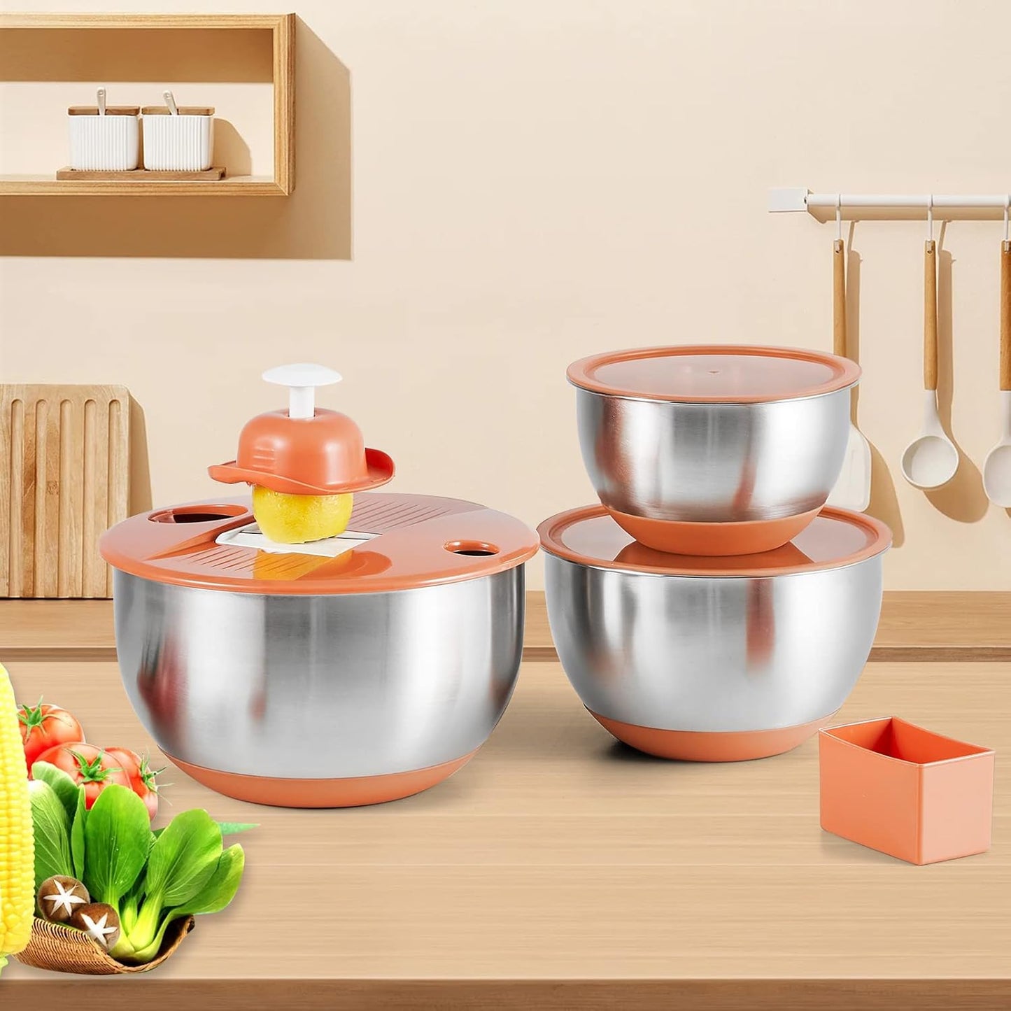 Mixing Bowls with Lids Set,3 Pieces Stainless Steel Nesting Bowls Vegetables Slicer Non-Slip Mixing Bowl for Baking Prepping Cooking(Orange)