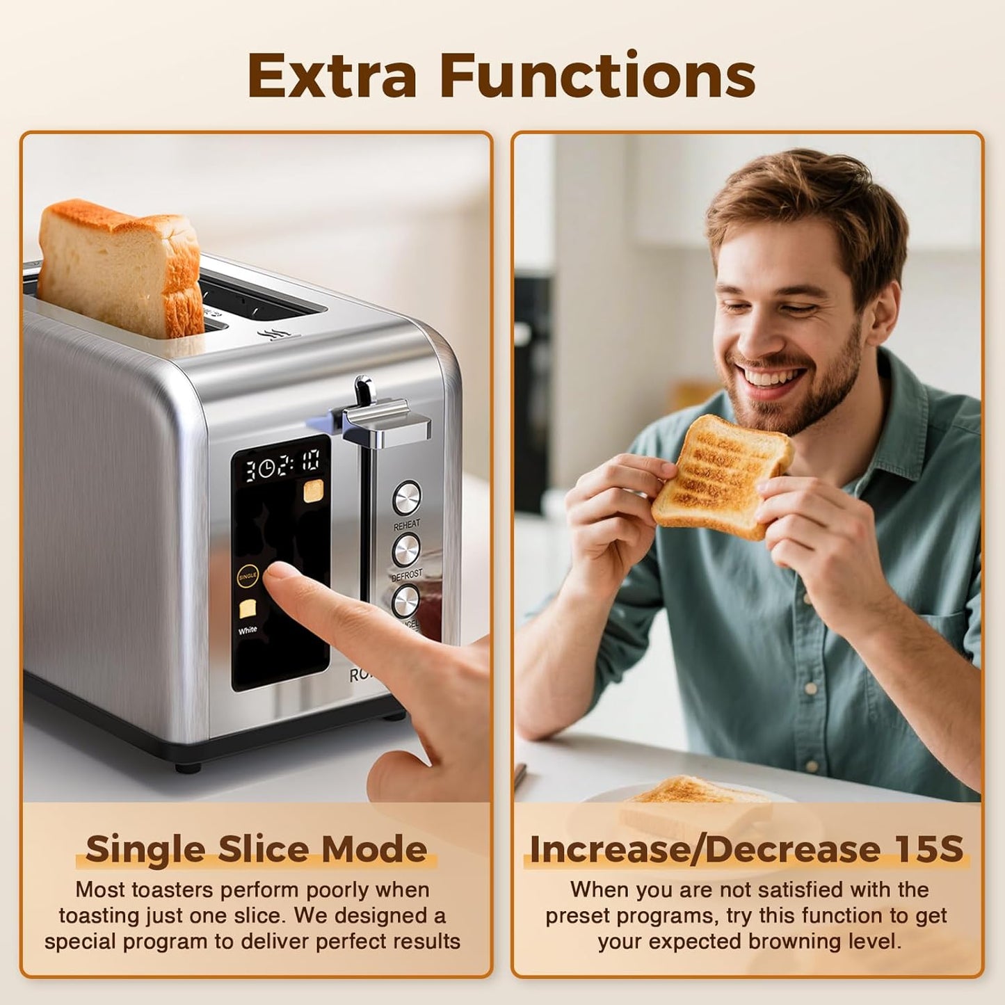 2 Slice Touch Screen Toaster, Stainless Steel Toaster with Wide Slots for Bagels and Bread, Reheat/Defrost/Cancel Functions, Removable Crumb Tray, Silver