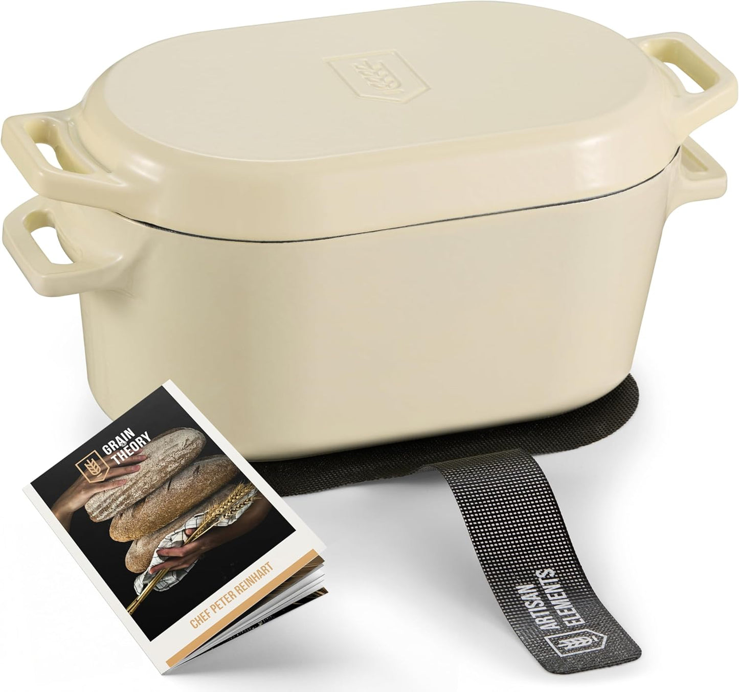 KooK Dutch Oven, for Bread Baking, Sourdough Loaf Pan, with Lid, Dual Handles, Enameled Cast Iron, includes Lid Lever, Dishwasher Safe, 3.4 Qt, Ivory