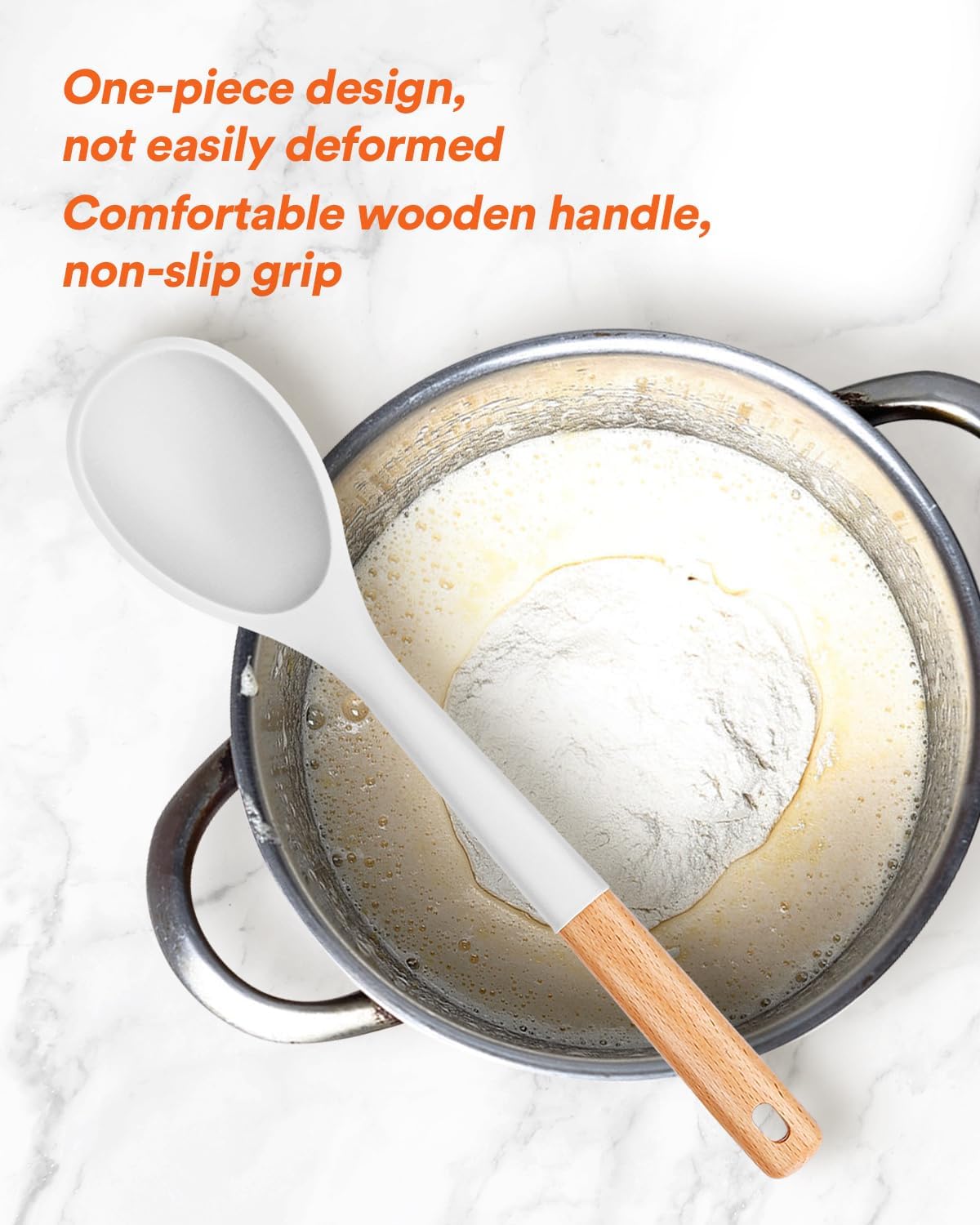 Large Silicone Cooking Spoons, Nonstick Solid Wooden Handle Spoon, Heat Resistan Silicone Kitchen Spoons for Cooking, Serving, Basting, Mixing, 13.2inch (WHITE)