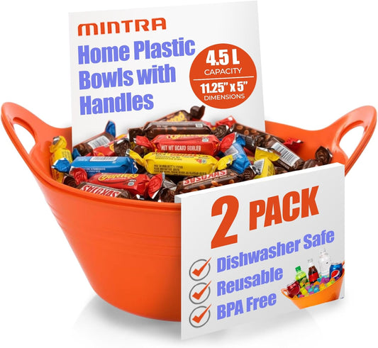 Mintra Home Plastic Bowls with Handles – Ideal for Popcorn, Cereals, Snacks, Kitchen Use & Halloween Trick or Treats Candies – Durable, Lightweight, Dishwasher Friendly – Orange, 11.25W x 5H (2 Pack)