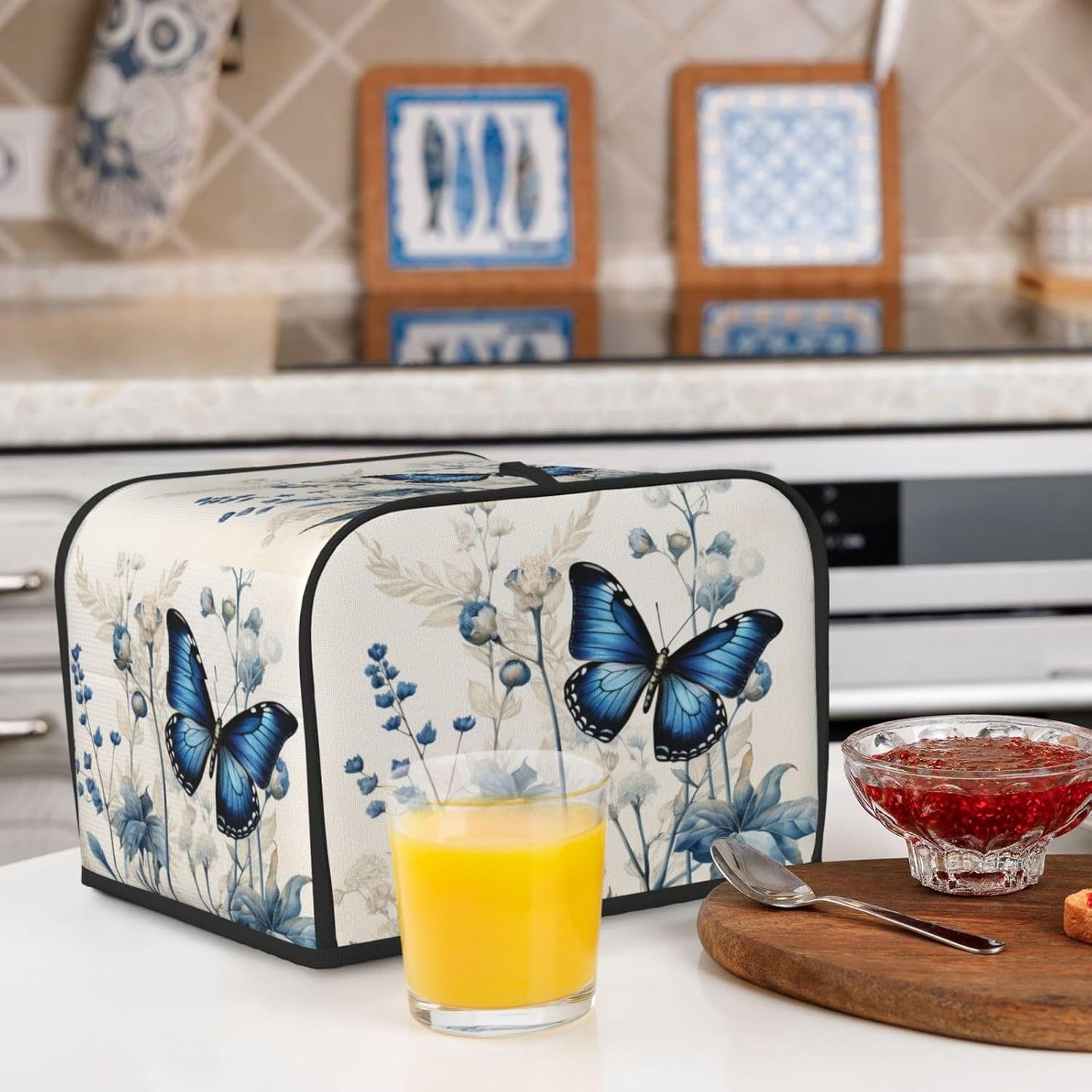 Toaster Cover 4 Slice Butterfly Blue Flower Boho Kitchen Small Appliance Covers with Pockets Dust and Fingerprint Protection