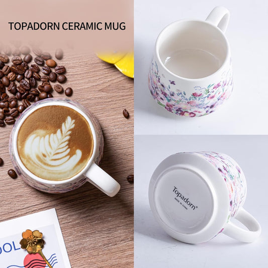 Topadorn Ceramic Coffee Mug 12Oz, Porcelain Coffee Cups With Handle, Microwave & Dishwasher Safe, Pink Flower Art Mug