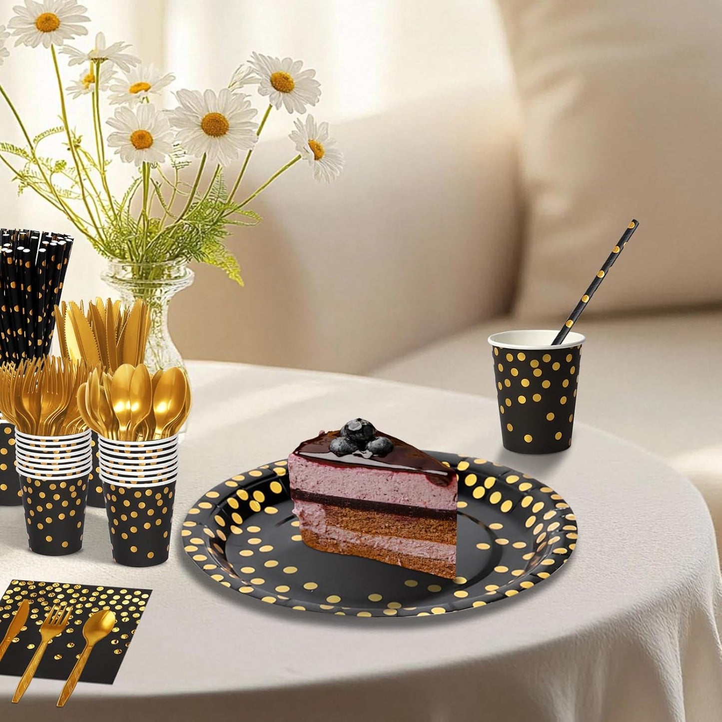 Paper Plates and Napkins Set, 193 Pieces Black Gold Party Supplies Includes Paper Plates Cups Napkins Straws and Cutlery for Birthday Wedding Holidays Parties Decorations-24 Guests