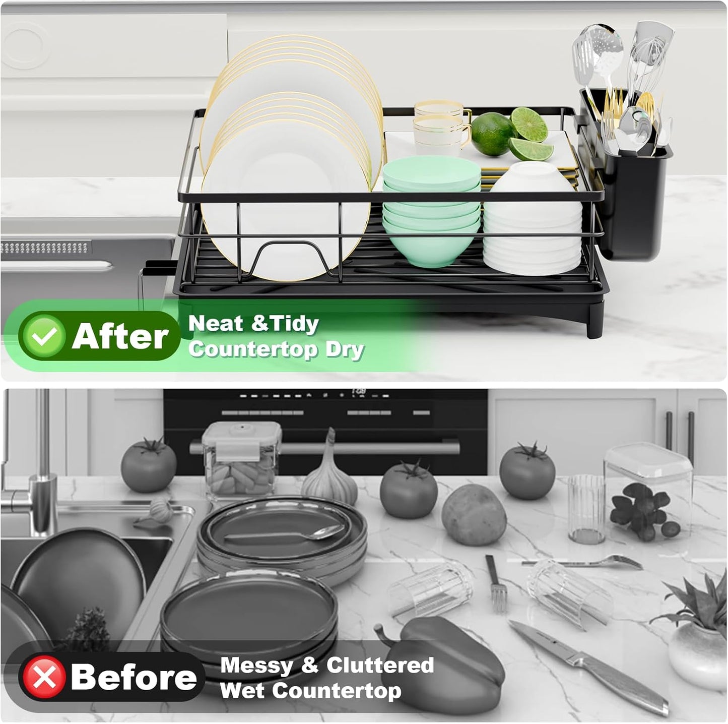 Dish Drying Rack, Large Capacity Dish Drainers for Kitchen Counter with Removeable Cutlery Holder, Rustproof & Sturdy Auto-Drain Multifunctional Organizer for Plates,Cups,knife fork Storage Essentials