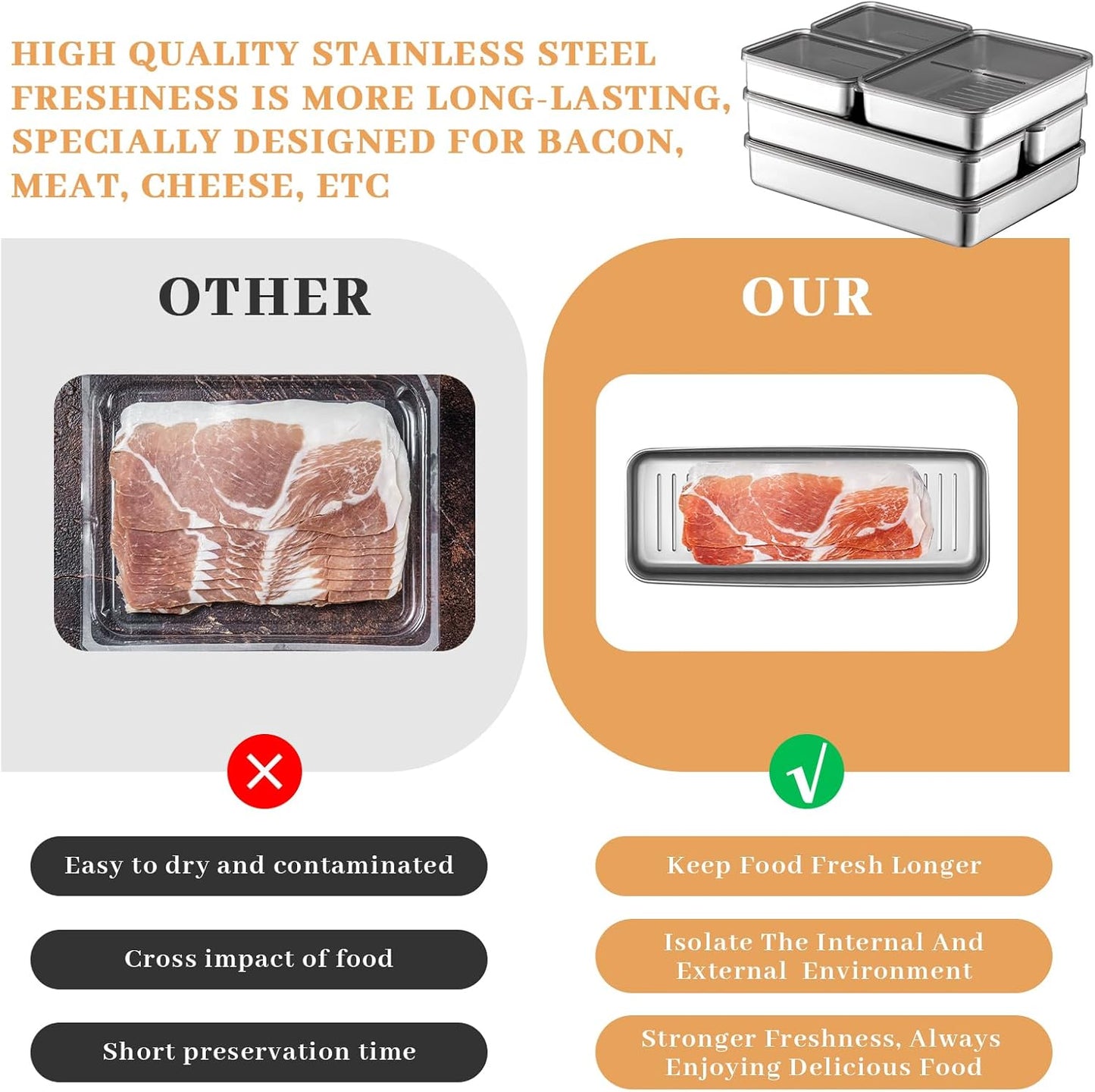 Hushee 6 Pack Bacon Cheese Container for Refrigerator, 304 Stainless Steel Airtight Deli Meat Container, Dishwasher Safe Fridge Storage Fruit Lunch Storage with Lids for Fridge, 4 Sizes