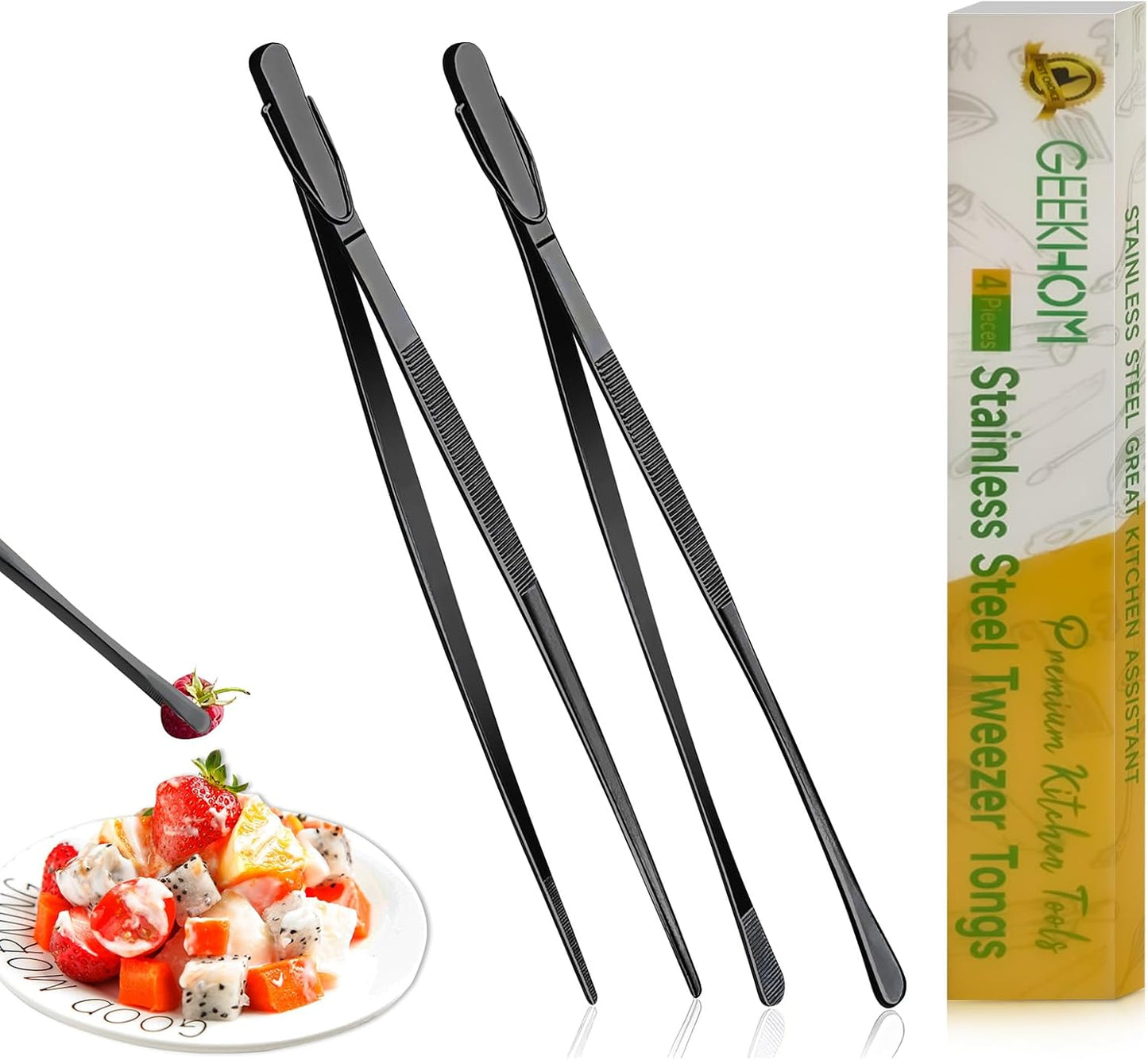 GEEKHOM 2 Pcs 12-Inch Black Professional Chef Tweezers, Stainless Steel Fine Tongs for Precision Cooking, Grilling, Meat and Baking