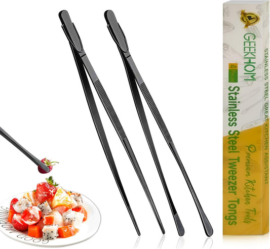 GEEKHOM 2 Pcs 12-Inch Black Professional Chef Tweezers, Stainless Steel Fine Tongs for Precision Cooking, Grilling, Meat and Baking