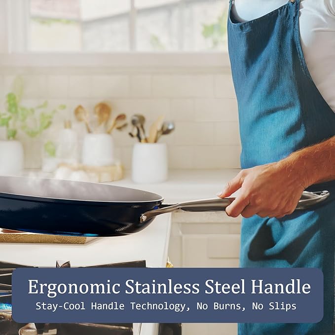 Nonstick Ceramic Frying Pan 8" for All Cooktops, PTFE/PFOA/PFAS Free, Even Heat Distribution Oven Safe up to 500°F, Healthy Non Toxic Skillet w/Ergonomic Stainless Steel Handle, Navy Blue