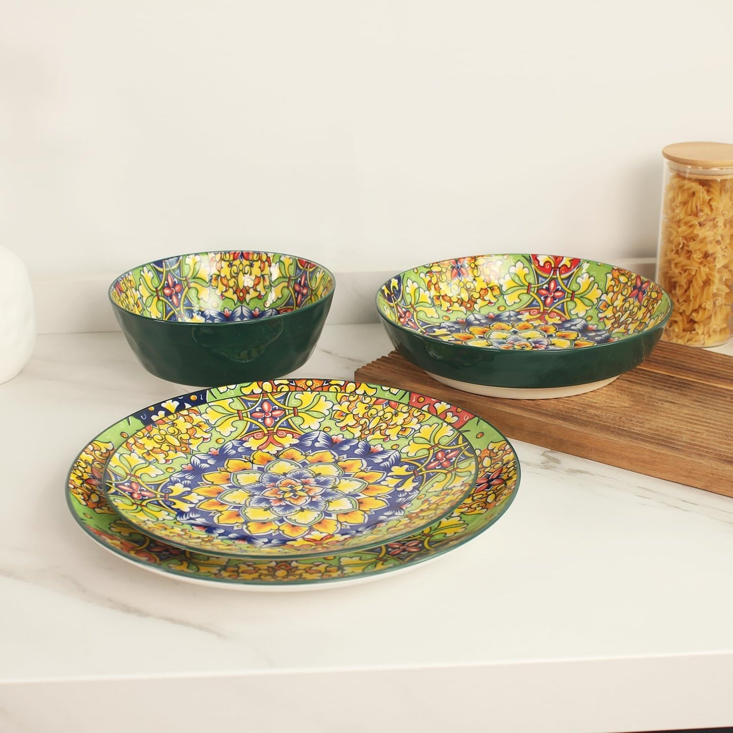 Mandala Dinnerware Sets, Plates and Bowls Set, Porcelain Dishes Service for 4, Zanzibar, Bohemian Style Dining Ware, for Kitchen and Dining Multicolor Dinnerware Set, Green 16 pieces