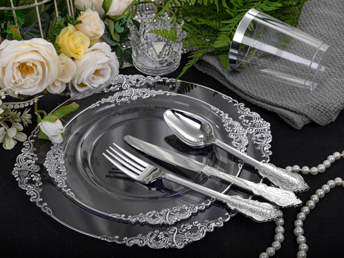 Morejoy 350PCS Clear Silver Plastic Plates - Silver Disposable Plates sets Include 50 Dinner Plates,50 Salad Plates,50 Forks,50 Knives, 50 Spoons，50 Cups, 50 Rolled Napkins for Wedding & Party