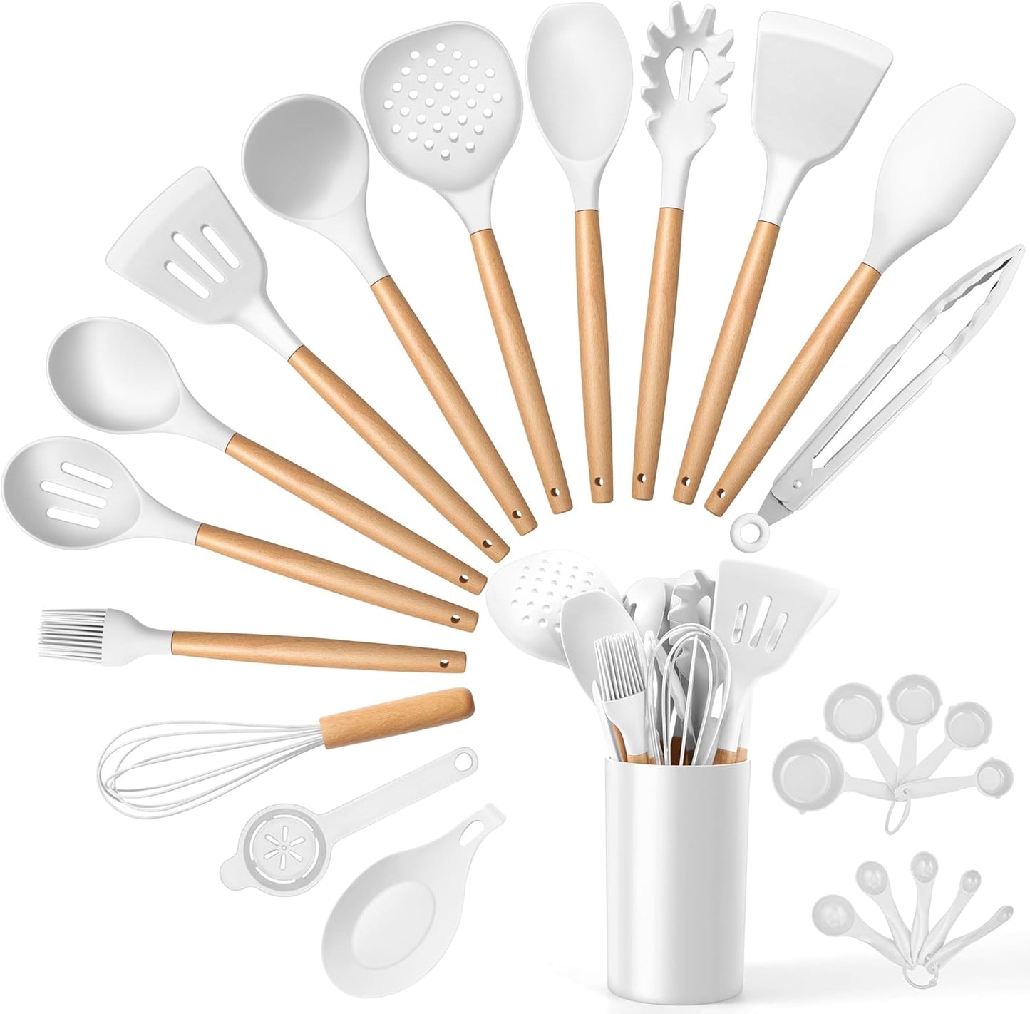 E-far White Cooking Utensils Set with Holder, 25-Piece Silicone Kitchen Utensil Set with Wooden Handle for Nonstick Cookware, 446°F Heat Resistant Kitchen Tool Spatula Tongs Whisk, Non-toxic & Healthy