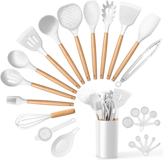 E-far White Cooking Utensils Set with Holder, 25-Piece Silicone Kitchen Utensil Set with Wooden Handle for Nonstick Cookware, 446°F Heat Resistant Kitchen Tool Spatula Tongs Whisk, Non-toxic & Healthy
