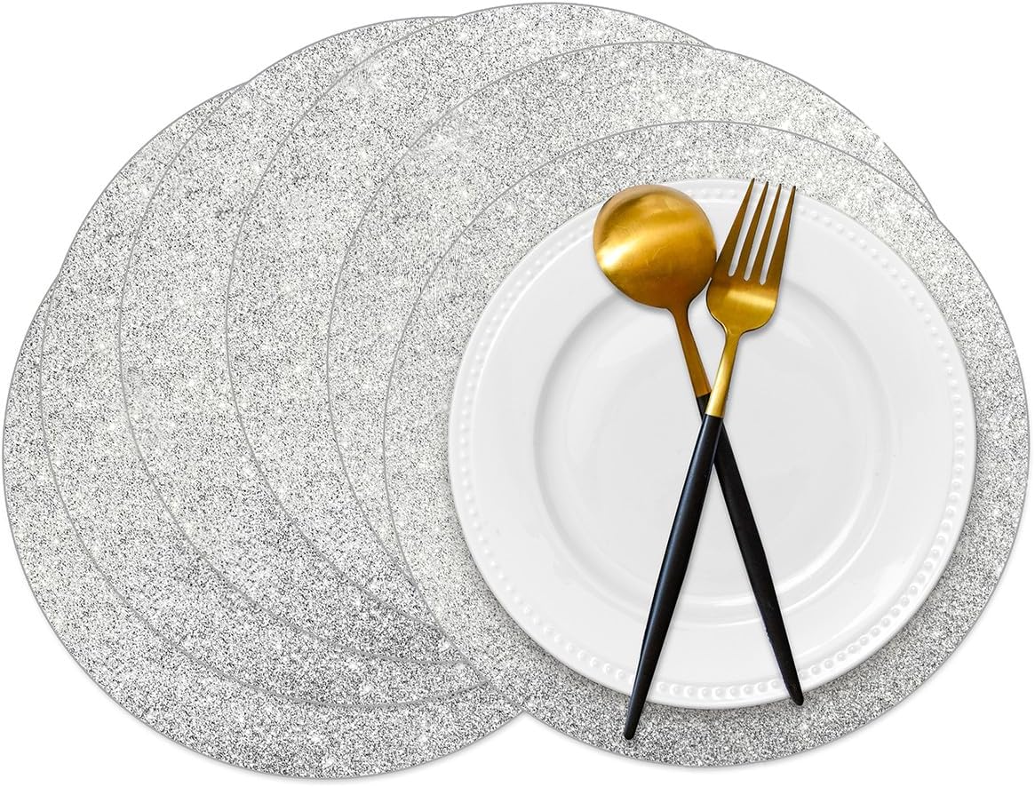 50 Pieces Silver Glitter Paper Place Mats Sparkle 14'' Round Disposable Table Mats Silver Sequin Doilies Decorative Placemats for Wedding Banquet Party Home Dining Tableware