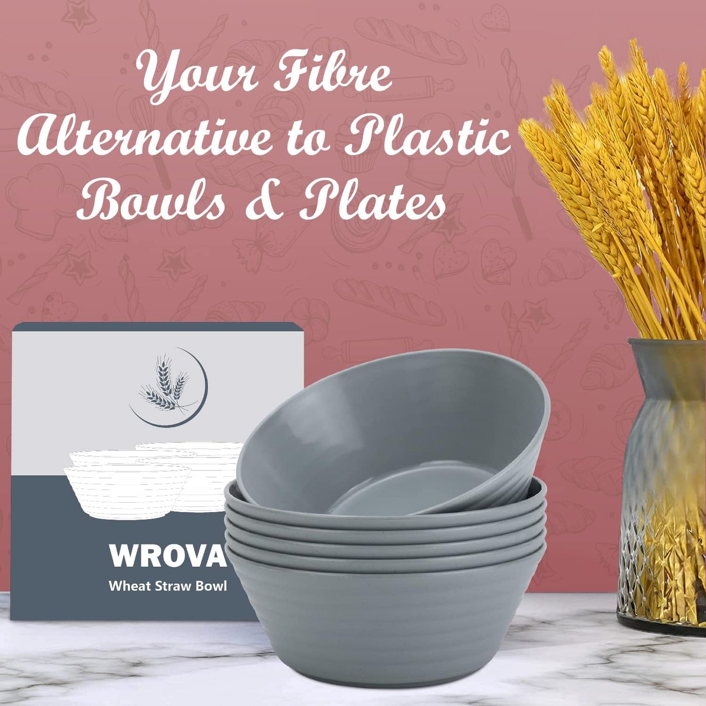 Wrova Wheat Straw Bowl Sets,6 PCS Unbreakable Cereal Bowl 36 OZ,Microwave and Dishwasher Safe Bowls,Dorm Bowl Sets BPA Free for Serving Cereal,Oatmeal and Salad (Grey)