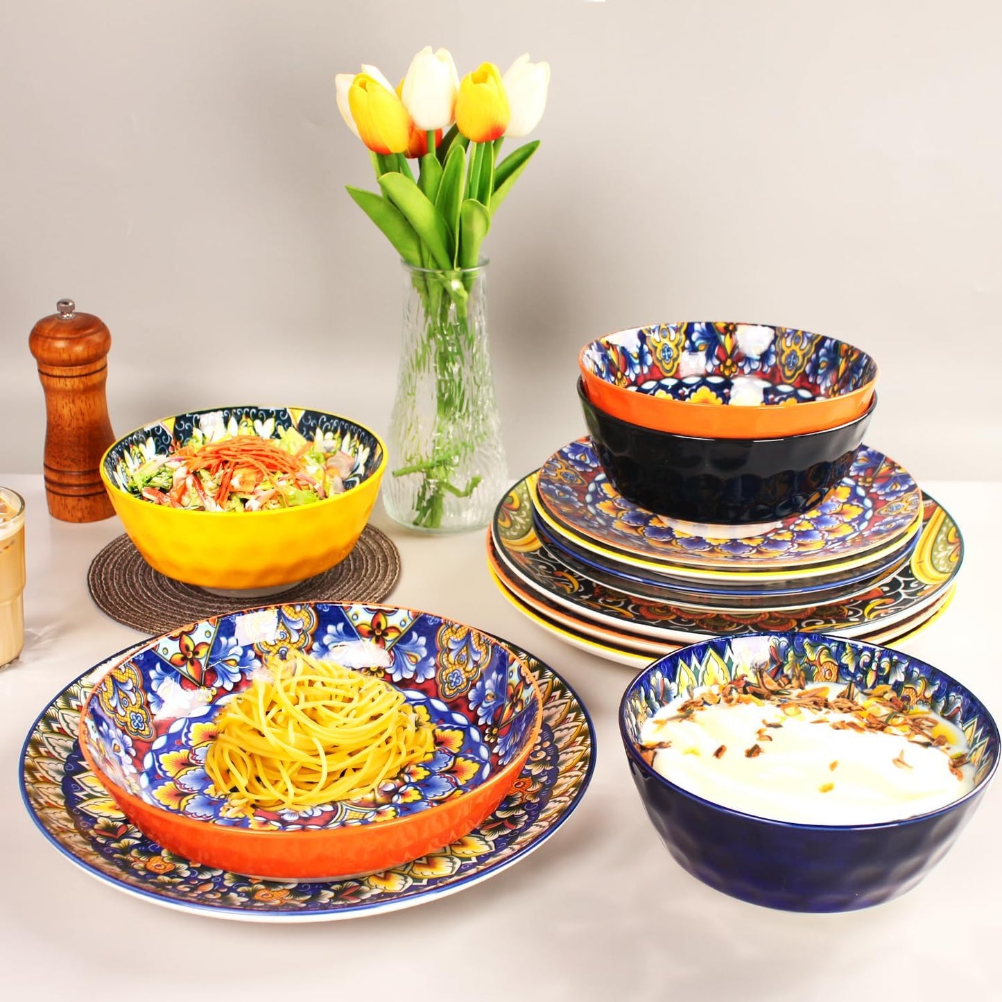 Mandala Dinnerware Sets, Plates and Bowls Set, Porcelain Dishes (16 Pieces) Service for 4, Zanzibar, Bohemian Style Dining Ware, for Kitchen and Dining Multicolor Dinnerware Set