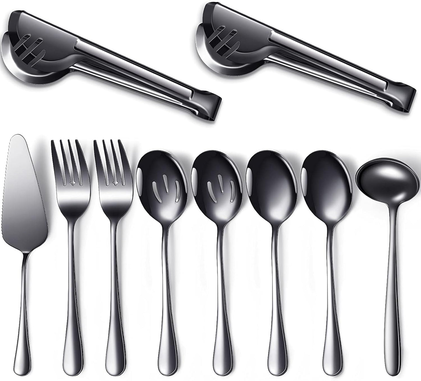 Patelai Serving Utensils Set Include Stainless Steel Large Spoons Slotted Spoons Forks Tongs Soup Ladle and Pie Server for Parties Buffet Catering, Dishwasher Safe(Black,10 Pieces)