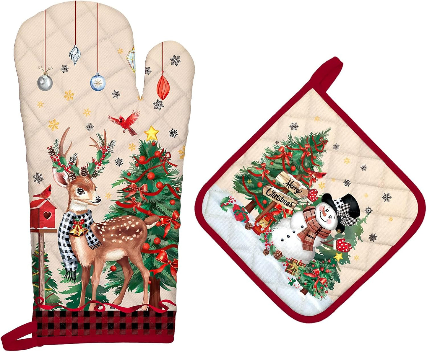 Christmas Deer Snowman Oven Mitts and Pot Holders Sets 2Pcs, 100% Cotton Heat Resistant, Extra Long Oven Gloves Potholder for Kitchen Cooking Baking Decoration
