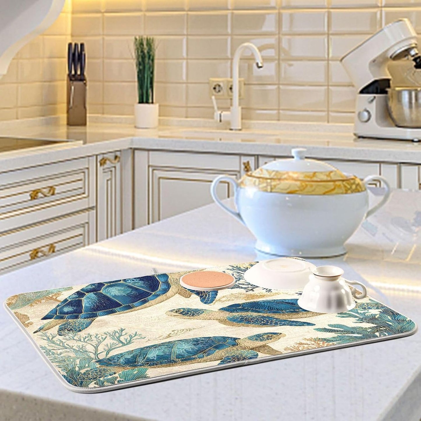 Watercolor Sea Turtle Swimming Pattern Dish Drying Mat Super Absorbent Drying Mat 16x18 inch Large Dish Drying Mats for Kitchen Counter Dish Drying Pads Kitchen Drying Matt for Countertop