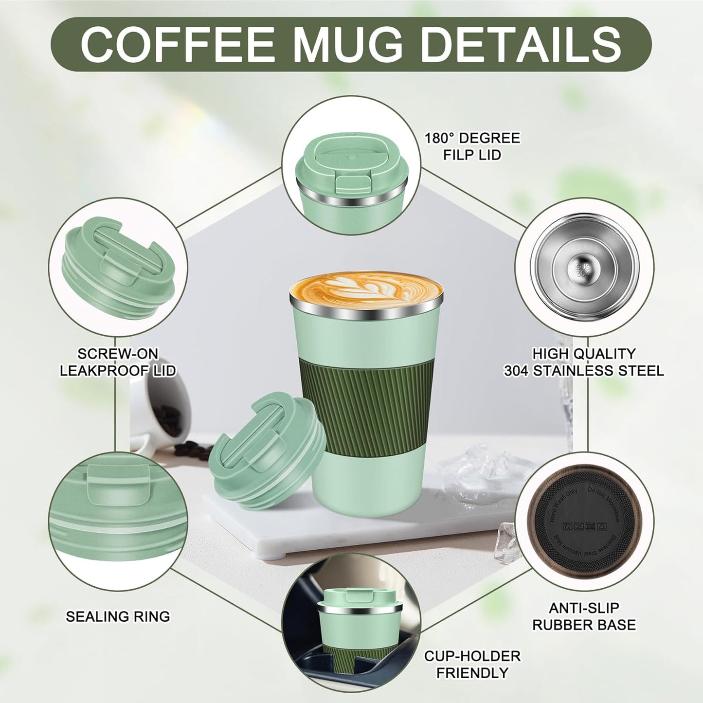 Coffee Travel Mug 12oz Insulated Coffee Mug with Lid Portable Spill-Proof Coffee Travel Mug No Handle Reusable Stainless Steel Mug Keeps Cold and Hot Suitable for Car, Daily, Travel and Gifts