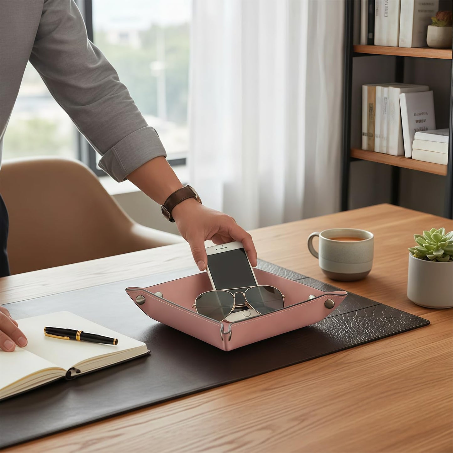 siduater Valet Tray Desktop Storage Organizer – Vegan Leather Catchall Bedside Vanity Tray Nightstand Caddy Holder for Remote Controller, Watch, Keys, Phone, Wallet, Coin, Jewelry, Stone Pink