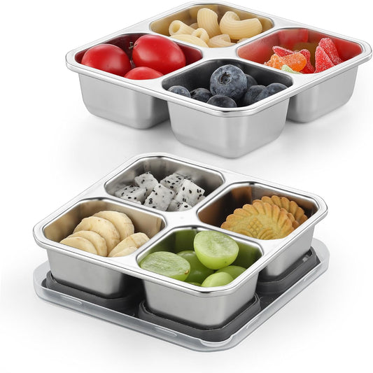 Stainless Steel Divided Plates, Kids Toddlers Babies Tray 4 Divided Compartments Snack Containers Bento Snack Box with Lid Reusable Meal Prep Lunch Box Food Storage Containers for Adults Travel Work