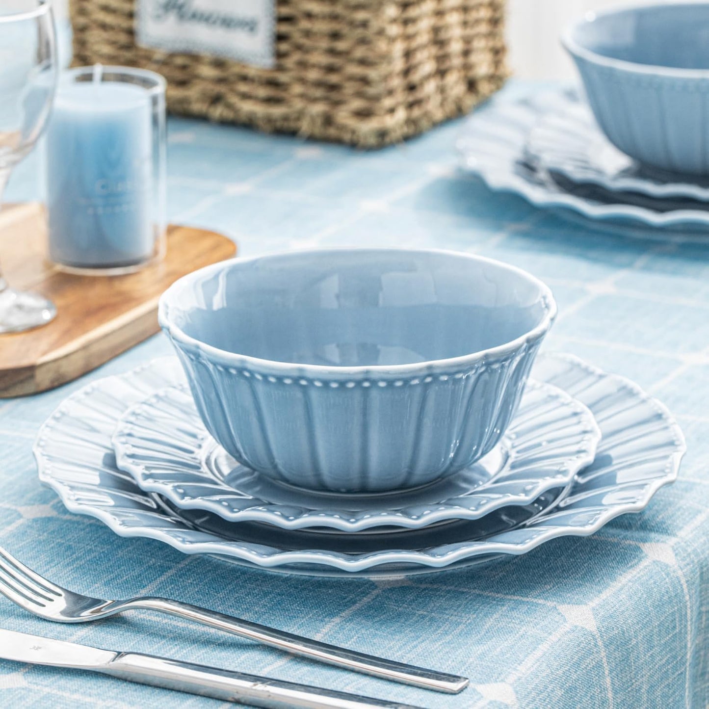 Ceramic Soup Serving Bowls for Kitchen, 6.4 Inch, Set of 4, Cereal Bowl Porcelain, Oven & Microwave Safe, Blue