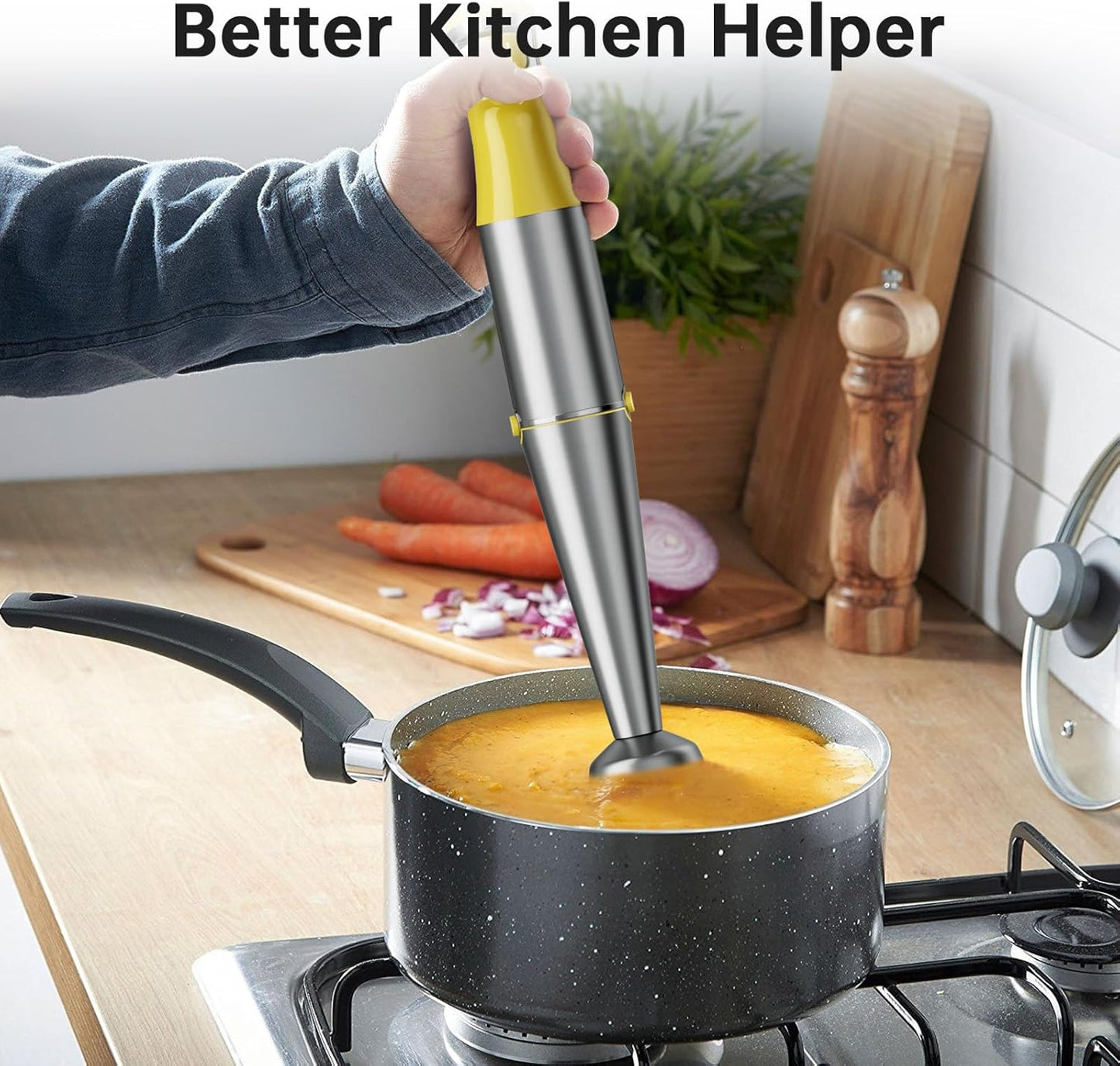 Immersion Blender Handheld Corded Hand Blenders Set 1100W, Trigger Variable Speed 5 in 1 Stick Emulsifier with Chopper, Whisk and Frother for Soup, Baby Food and Smoothies, Yellow