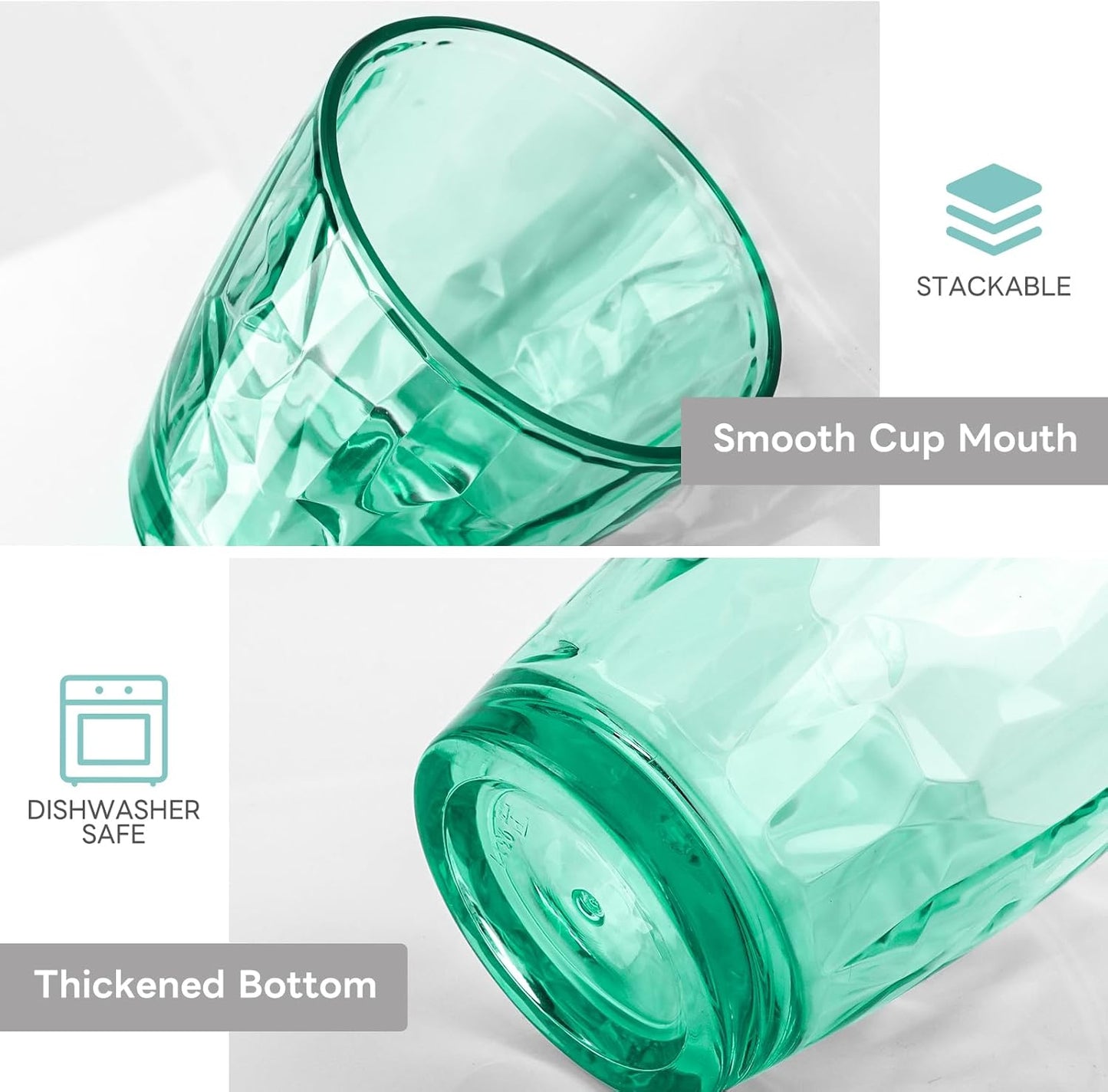 Topsky 10 oz Plastic Water Tumblers | Set of 4 Transparent Unbreakable Drinking Glasses Clear Acrylic Reusable Juice Wine Cups for Home Picnic Party, Dishwasher Safe, Stackable (Light Green)