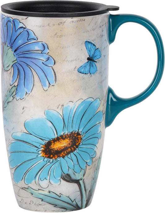 Topadorn 17 Oz Ceramic Travel Mug with Handle, Splash-Resistant Slider Lid, Suitable for Coffee and Tea, Microwave & Dishwasher Safe, Flowers & Butterflies