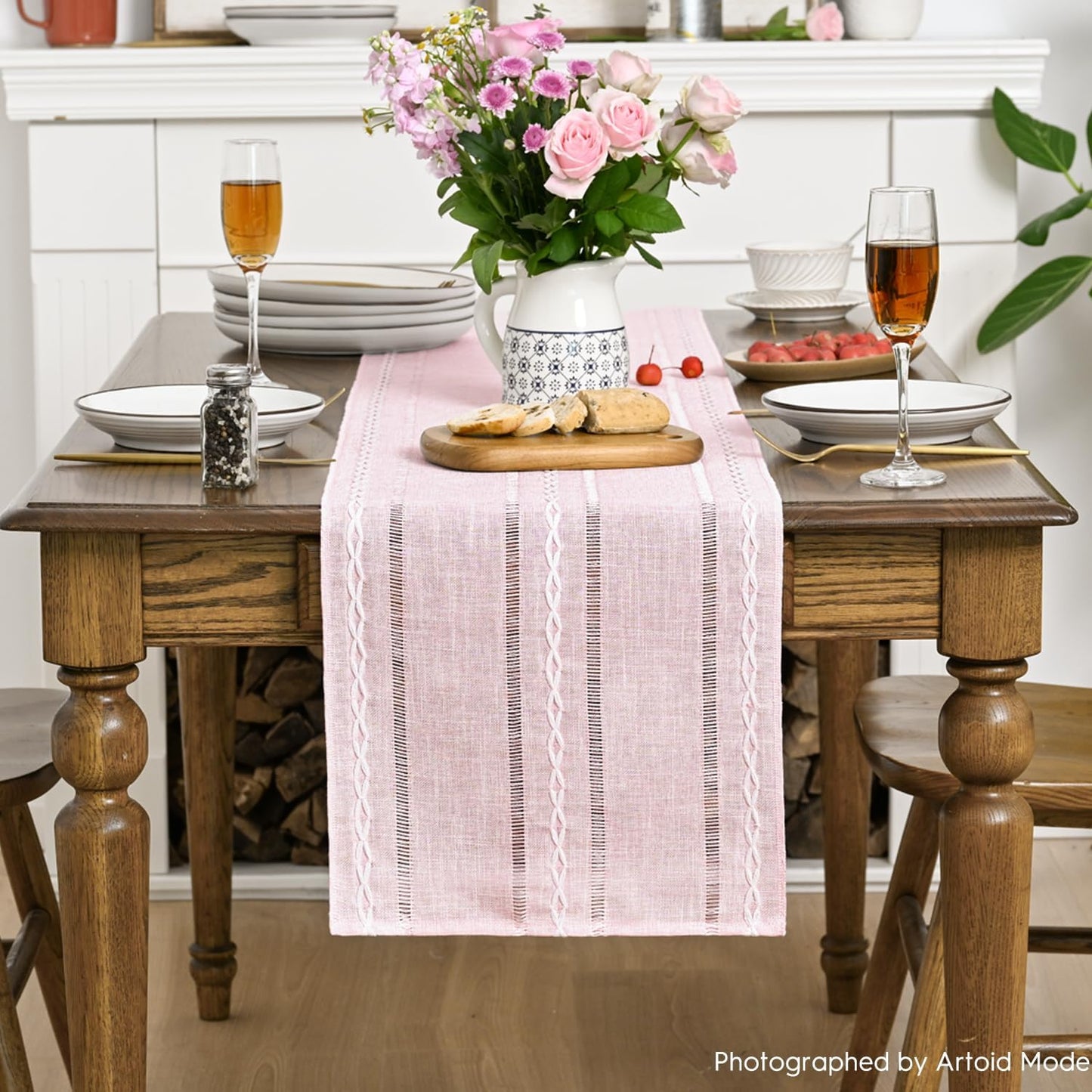 Artoid Mode Pink Rustic Cotton Linen Table Runner, Seasonal Embroidered Hollow Kitchen Dining Table Decoration for Home Party Decor 13x108 Inch