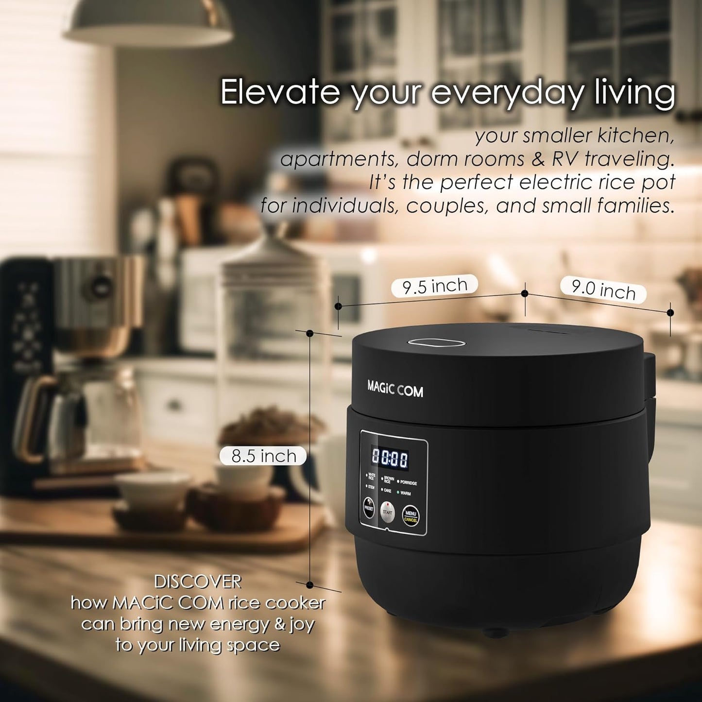 MAGiC COM Rice Cooker 4 Cup(Uncooked) 8 Cup(Cooked), Small Rice Cooker with Steamer, One Touch Healthy Cooking & Warmer, Slow Cooker with Nonstick Inner Pot, 24 Hour Delay Timer, Grain Cooker/Black