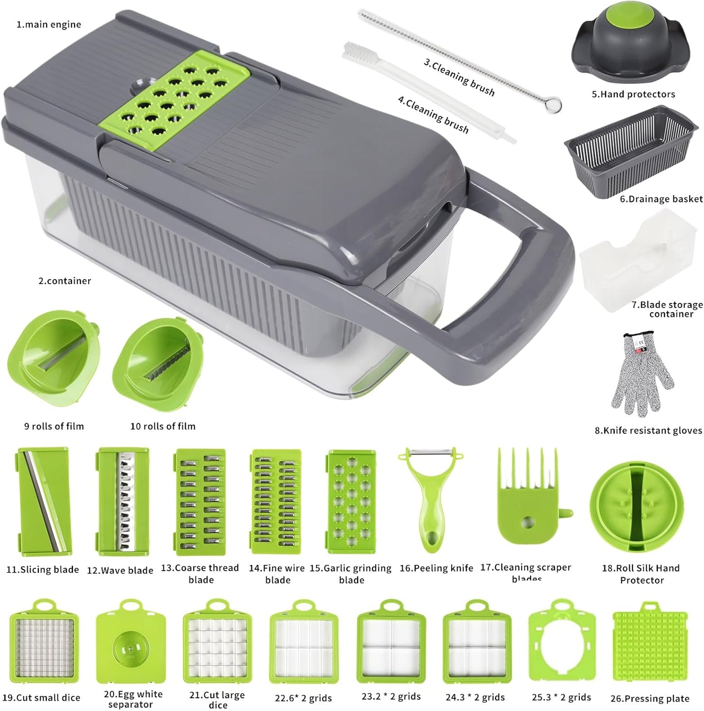 Multifunctional vegetable cutter 26 in 1 vegetable slicer, cucumber slicer, potatoes, tomatoes, zucchini, garlic, eggs, vegetable cutter with container and lid, salad cutter, dicing machine, shredder