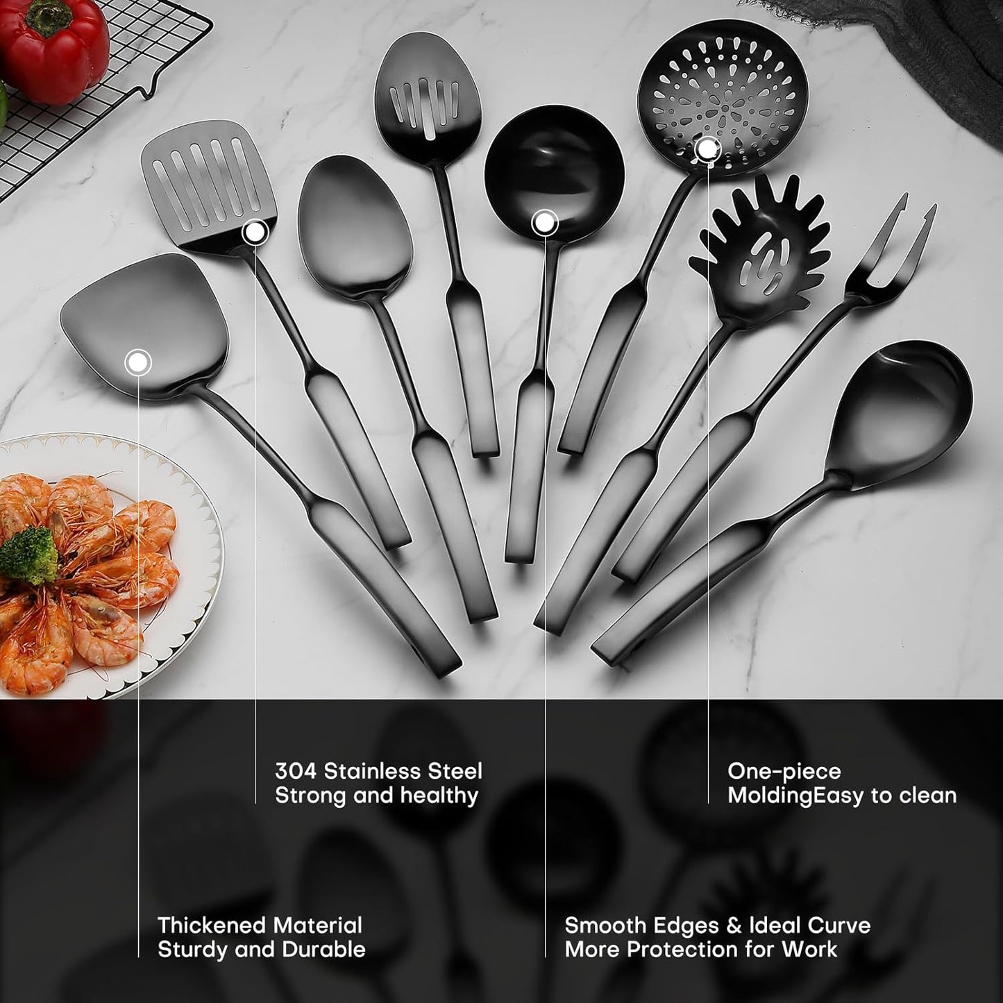 9PCS Silverware Set for 304 Stainless Steel Kitchen Utensils Set Cooking Utensil Set, 15 Inches All Metal Cooking Tools Wok Kitchen Cookware Set with Spatula Useful Pots and Pans Accessories