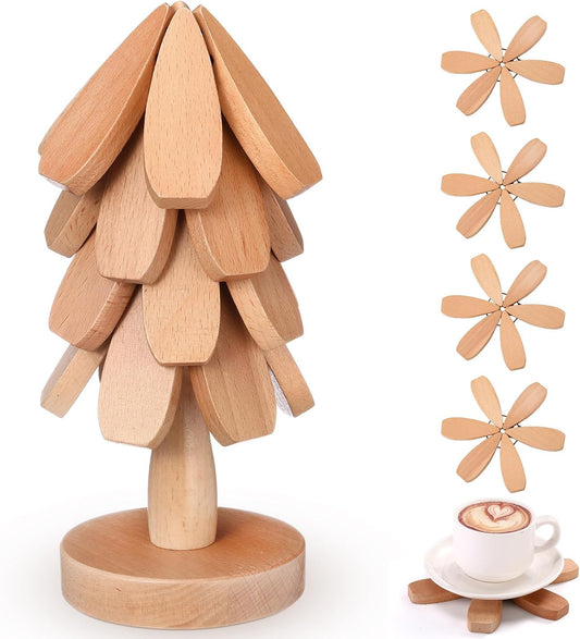 Wooden Tree Coaster Trivets Wood Trivets Set for Hot Dishes Set of 4 Christmas Tree Shape Foldable Wooden Coaster and 1 Stand Natural Trivet for Cups Plates Bowls Pots(Beech Color)