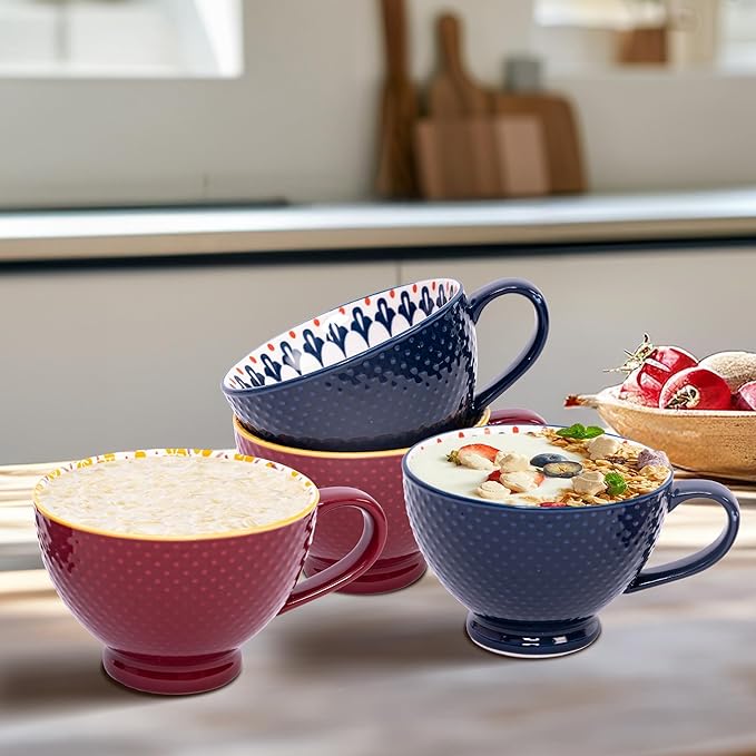 Topadorn Ceramic Coffee Mugs with Handle Set of 2, Hand-Painted Floral Pattern Ceramic Soup Mugs for Salad, Cappuccino, Cereal, Latte, Tea, Cocoa, Breakfast Oatmeal Cups(Blue & Red)