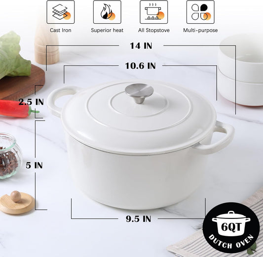E-far Enameled Dutch Oven Pot for Bread Baking, 6QT Enameled Cast Iron Cookware with Self-Basting Lid & Sourdough Bread Baking Supplies, Heavy Duty Casserole Pot & Dual Handles-White