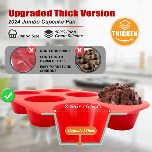 6 Cups Jumbo Muffin Pan,Silicone Cupcake Pan for Baking Food Grade Silicone Non Stick - Upgraded Thickened