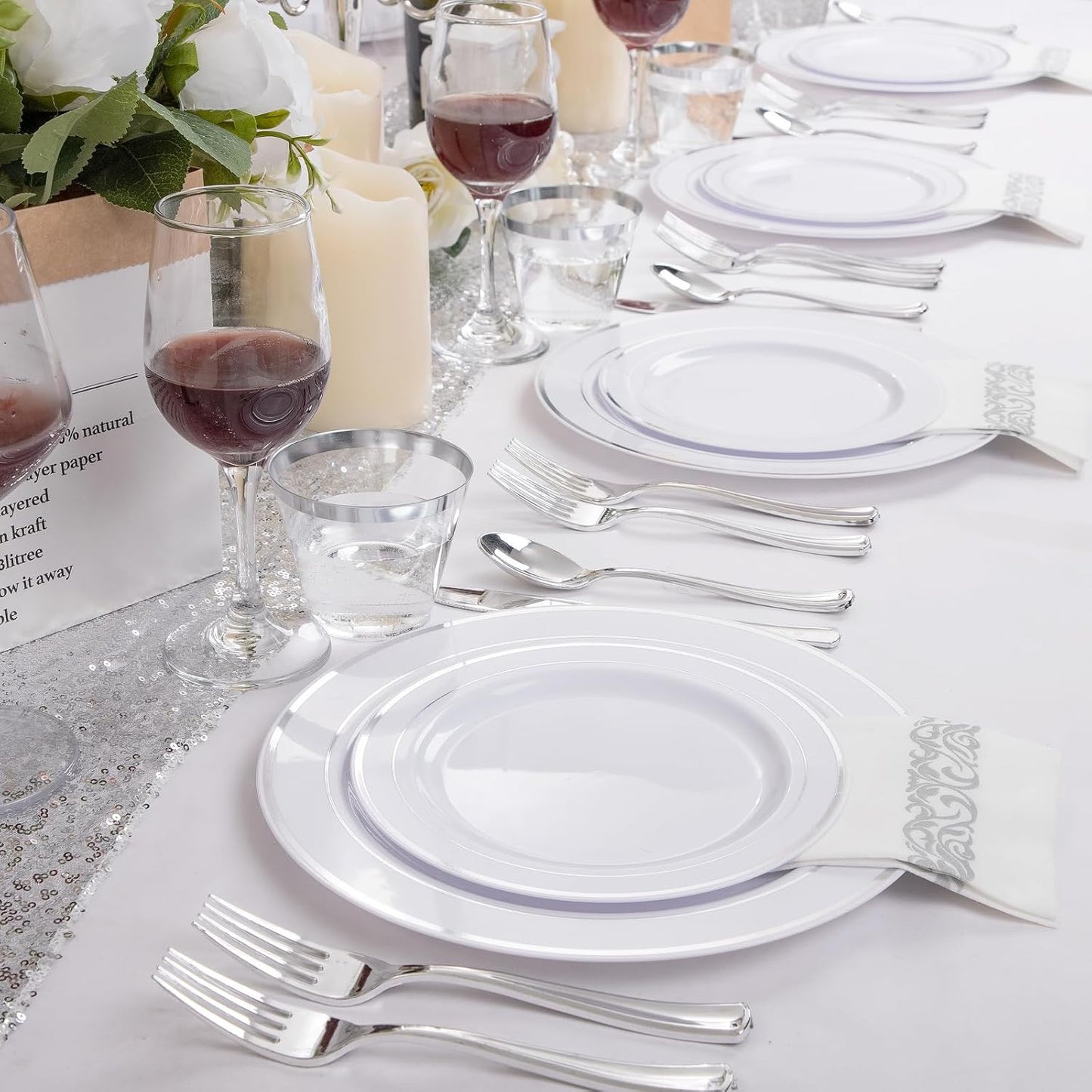 I00000 350Pcs Silver Plastic Dinnerware Set, Plastic Plates Disposable for 50 Guests Include: 100 Silver Rim Plates, 50 Paper Napkins, 50 Cups, 50 Plastic Silverware Set Perfect for Party & Wedding
