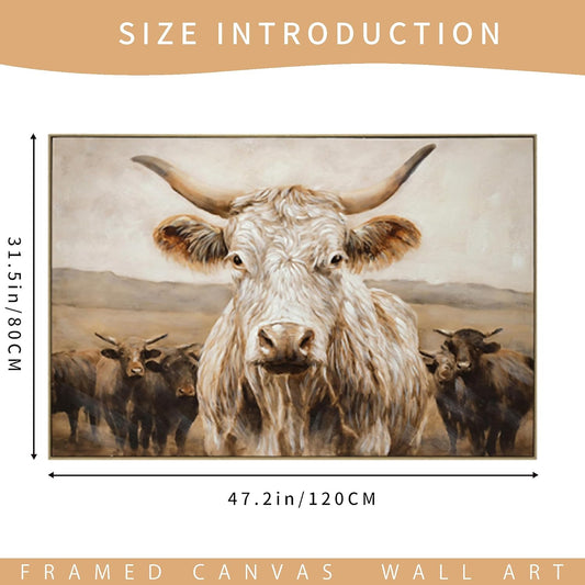 YPGEAME Modern Farmhouse Decor, Highland Cow Wall Art , Rustic Farmhouse Oil Painting with Wood Frame, Scottish Cattle Landscape on Canvas, Countryside Decor for Living Room, Kitchen, Cabin, 32*48 in