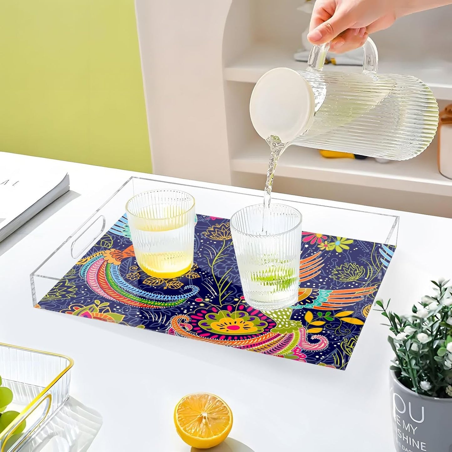 Acrylic Serving Tray with Handles Spill Proof Kitchen Storage Tray Clear Decorative Tray Makeup Drawer Organizer Storage Tray for Bathroom Living Room Ottoman 15.7x11.8Inches