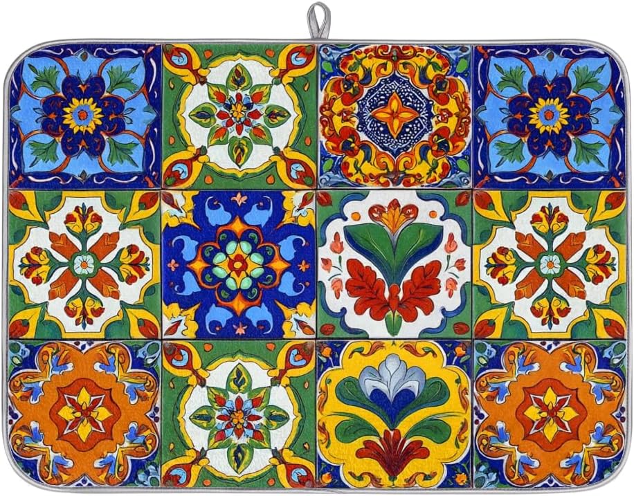 Dish Drying Mats for Kitchen - Super Absorbent Dish Dryer Mat for Countertops Microfiber Dishes Drainer Pad Hide Stain Draining Rack Mat Gadgets for Easy Clean Multi-Use 16"x18" (Mexican Tiles, S)