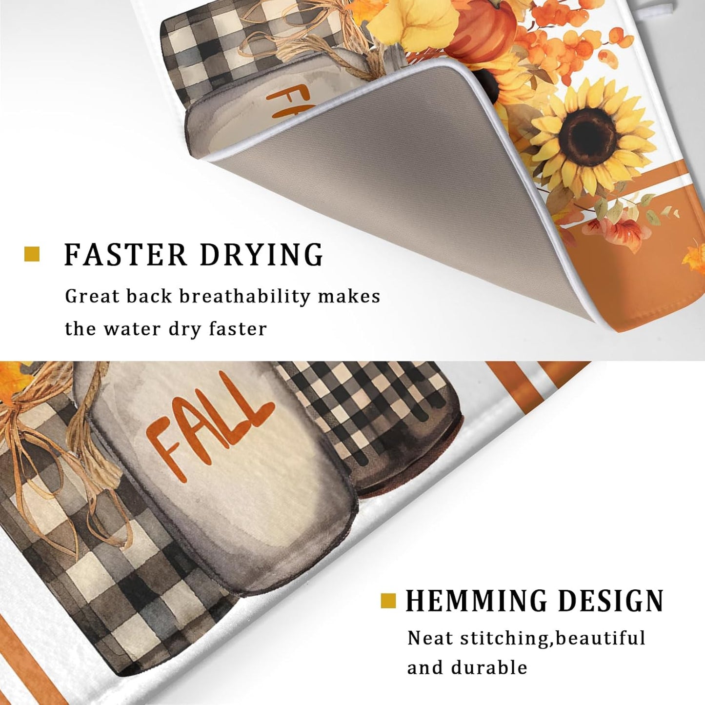 Fall Sunflower Dish Drying Mat 18x24 inch Autumn Leaves Pumpkin Vase Buffalo Plaid Dish Drainer Mat Machine Absorbent Reversible Washable Protector Pad for Kitchen Countertops and Sink